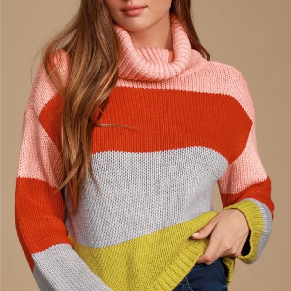 Lulus Color Me Cozy Pink Multi Color Block Turtleneck Sweater Sz S
